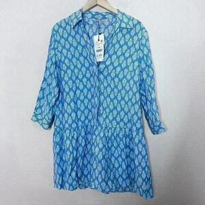 ZARA NWT WHITE BLUE PRINT SHORT DRESS V NECK SIZE Large